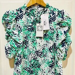NWT THML Leaf Print Ruffled Top Ruched Sleeves Boho Feminine Botanical Size S